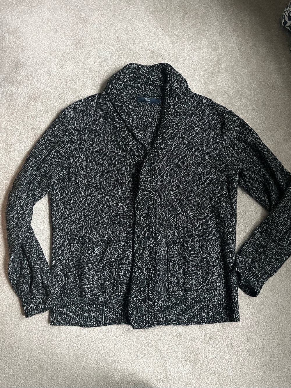 J crew mens 100% cotton cowl neck cardigan size Large black marl